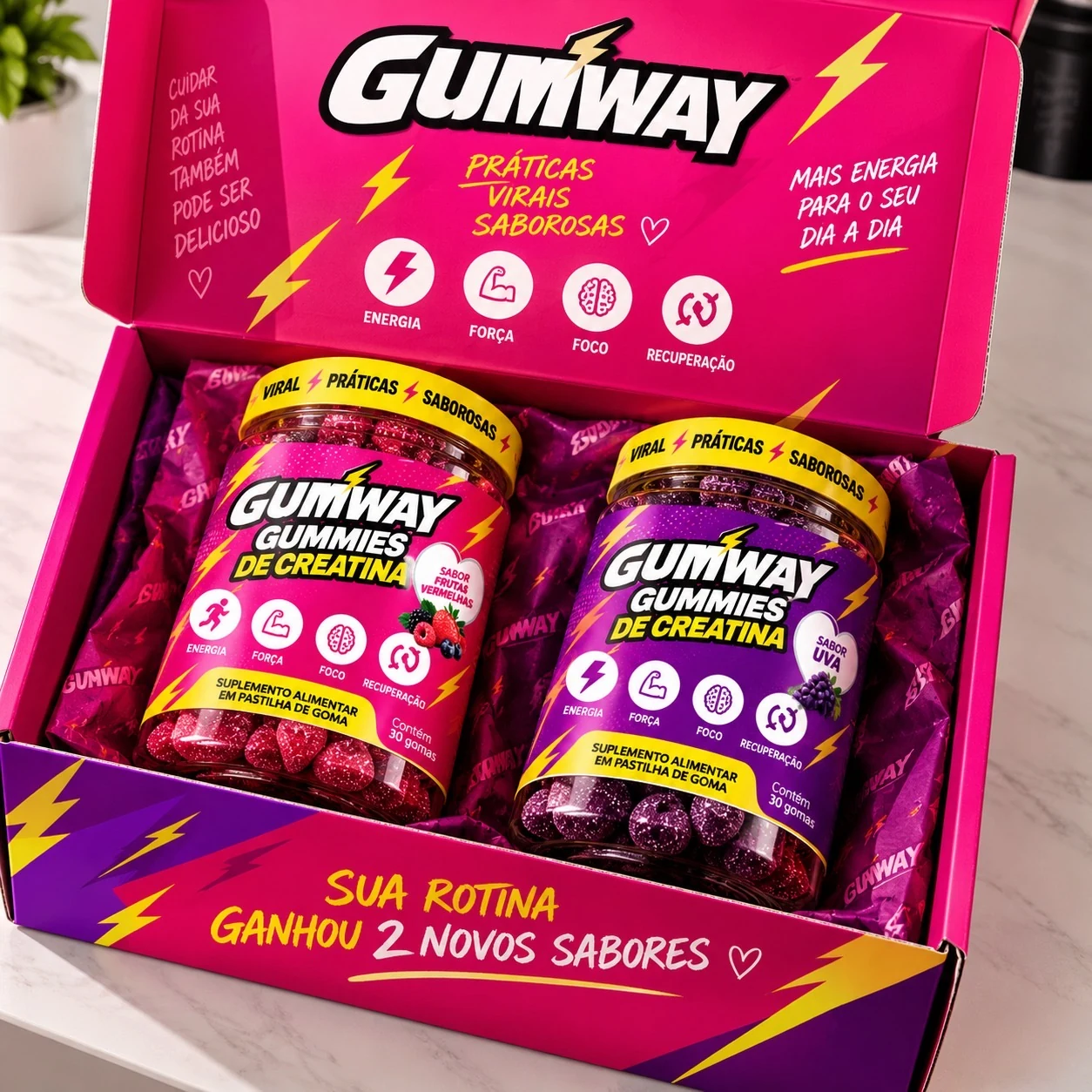 Kit Gumway com os dois sabores na caixa da marca